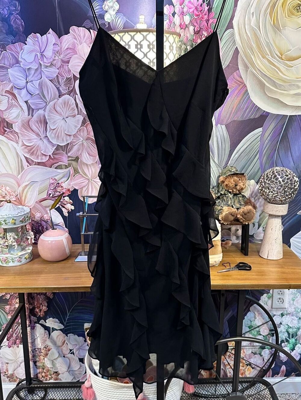Donna Morgan 14 Dress Black Ruffled Chiffon Slip Dress V-Neck Sleeveless